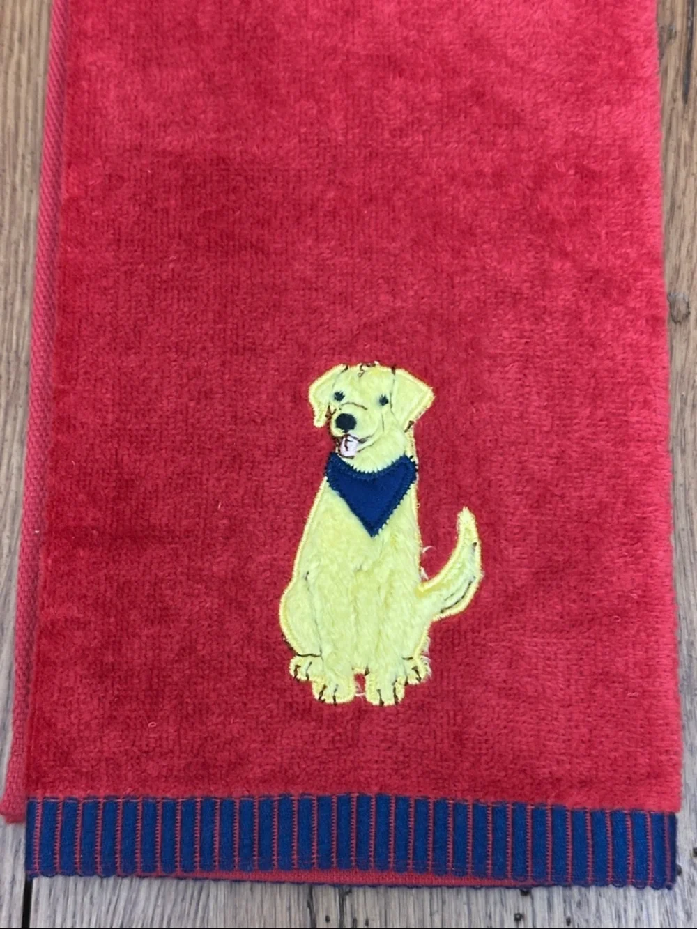 Dog Embroidered Red Hand Towel with Yellow Labrador Motif